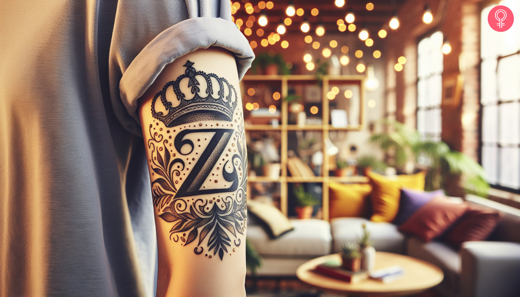 Letter Z with a crown tattoo on the upper arm