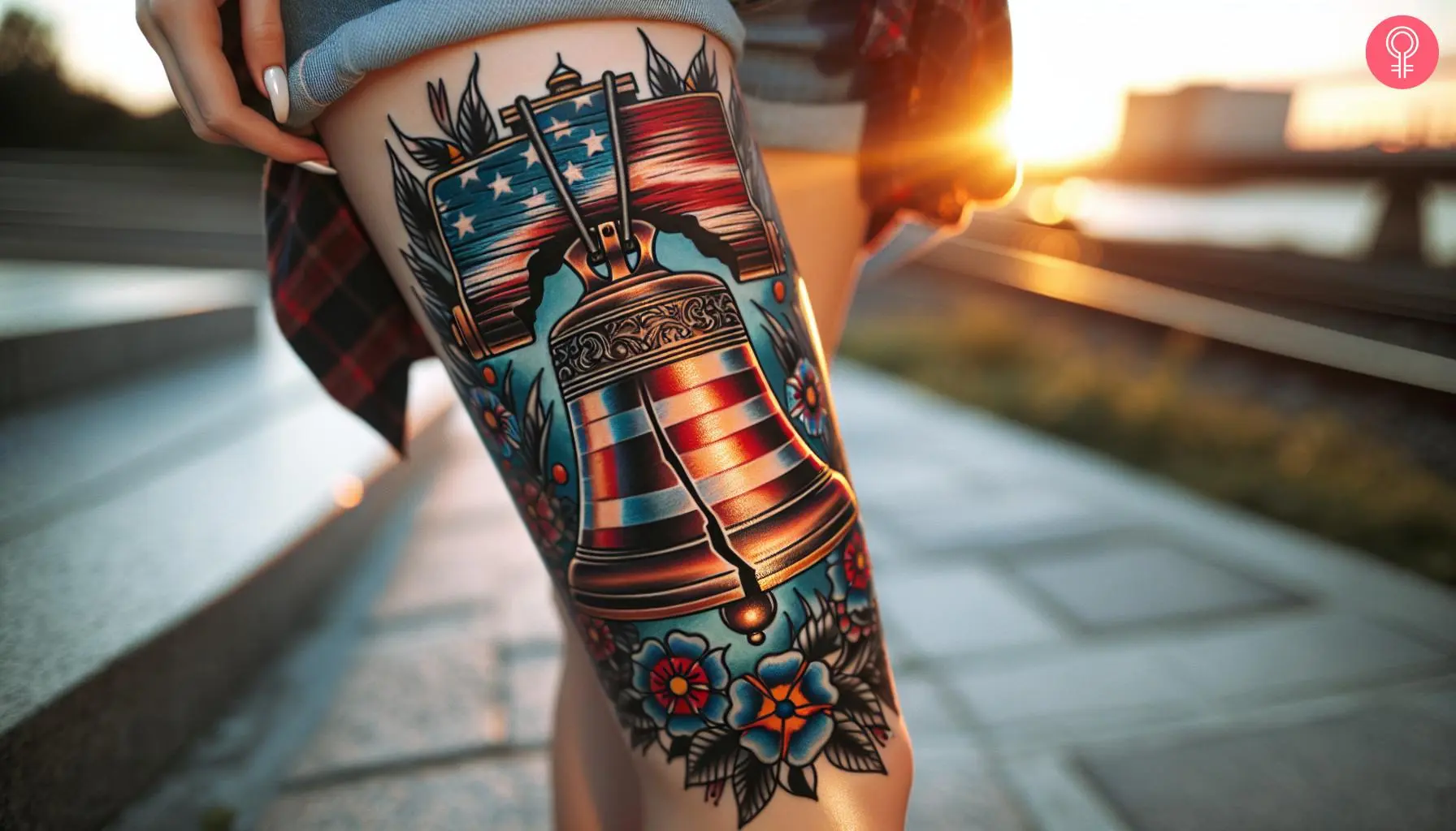 Liberty bell color tattoo on the thigh of a woman