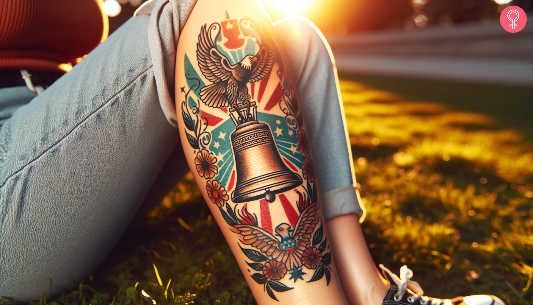 Liberty bell retro eagles tattoo on the calf of a woman