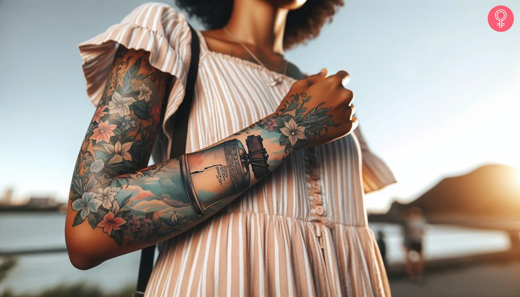 Liberty bell tattoo sleeve on a woman