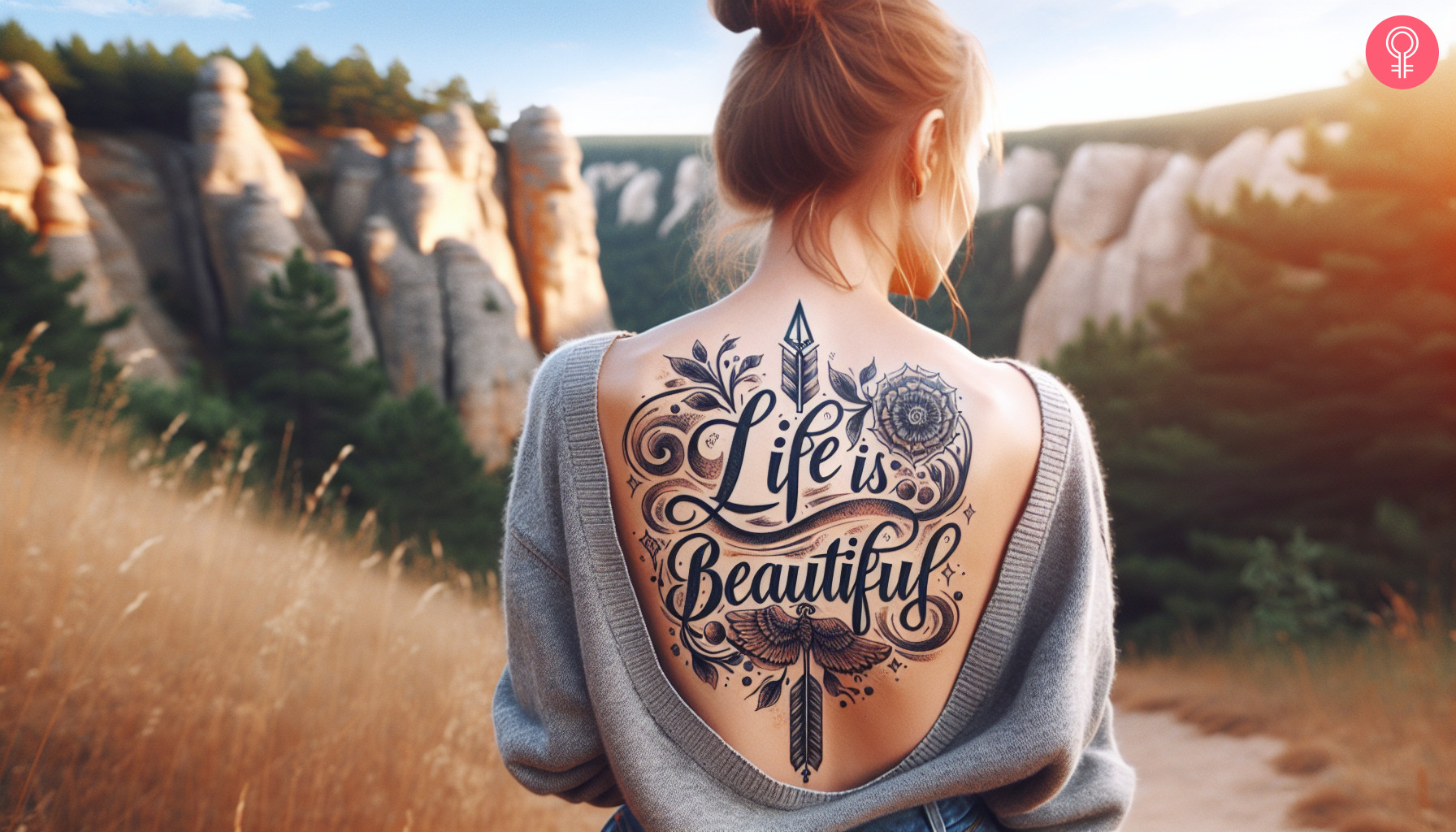 ‘Life Is Beautiful’ tattoo with an arrow etched on a woman’s back