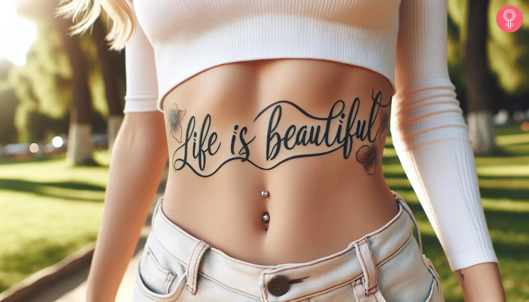 Life Is Beautiful tattoo on a woman’s stomach