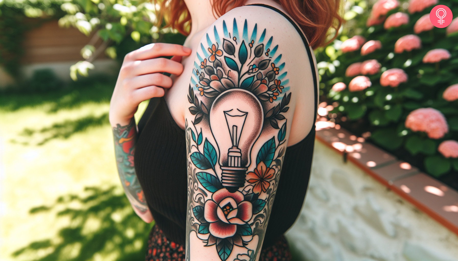 Light bulb with flowers tattoo on a woman’s arm