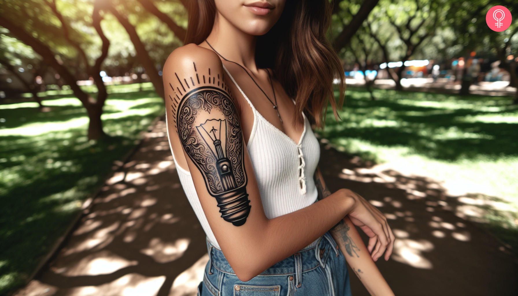 Lightbulb drawing tattoo on a woman’s upper arm