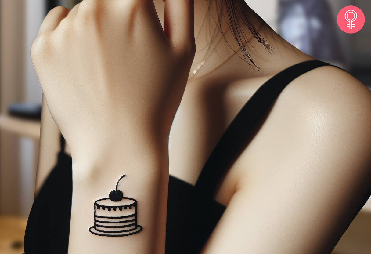 Line art cake tattoo on the upper wrist