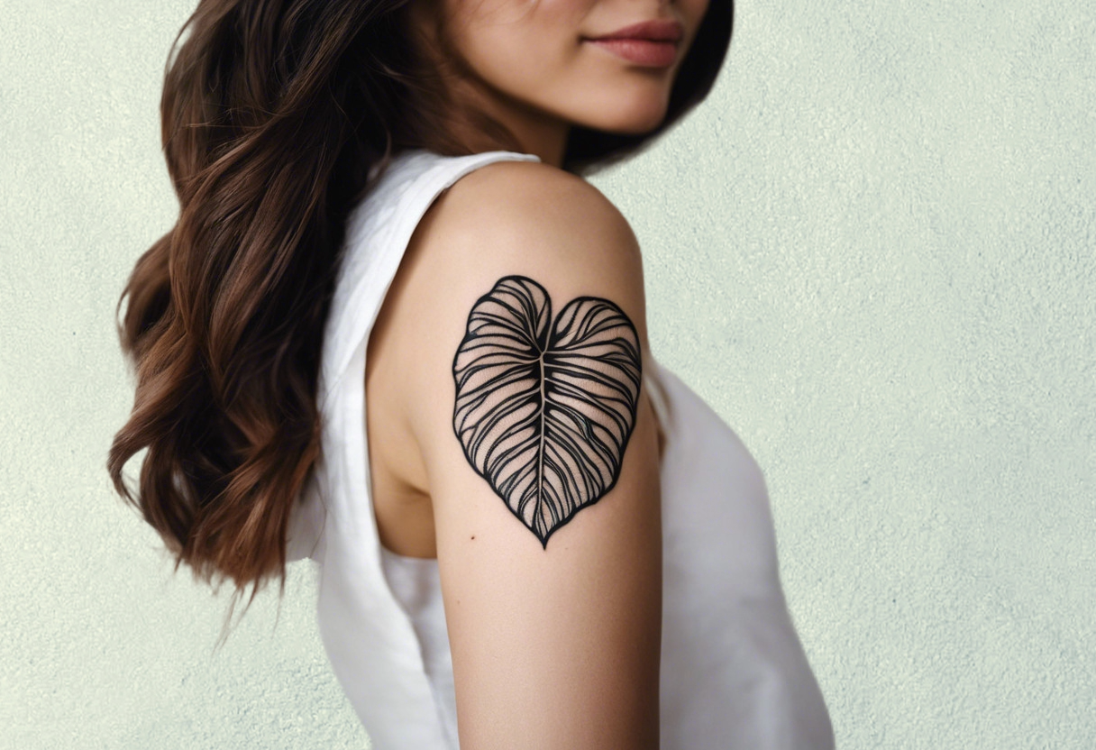 Linework Monstera tattoo on a woman’s upper arm