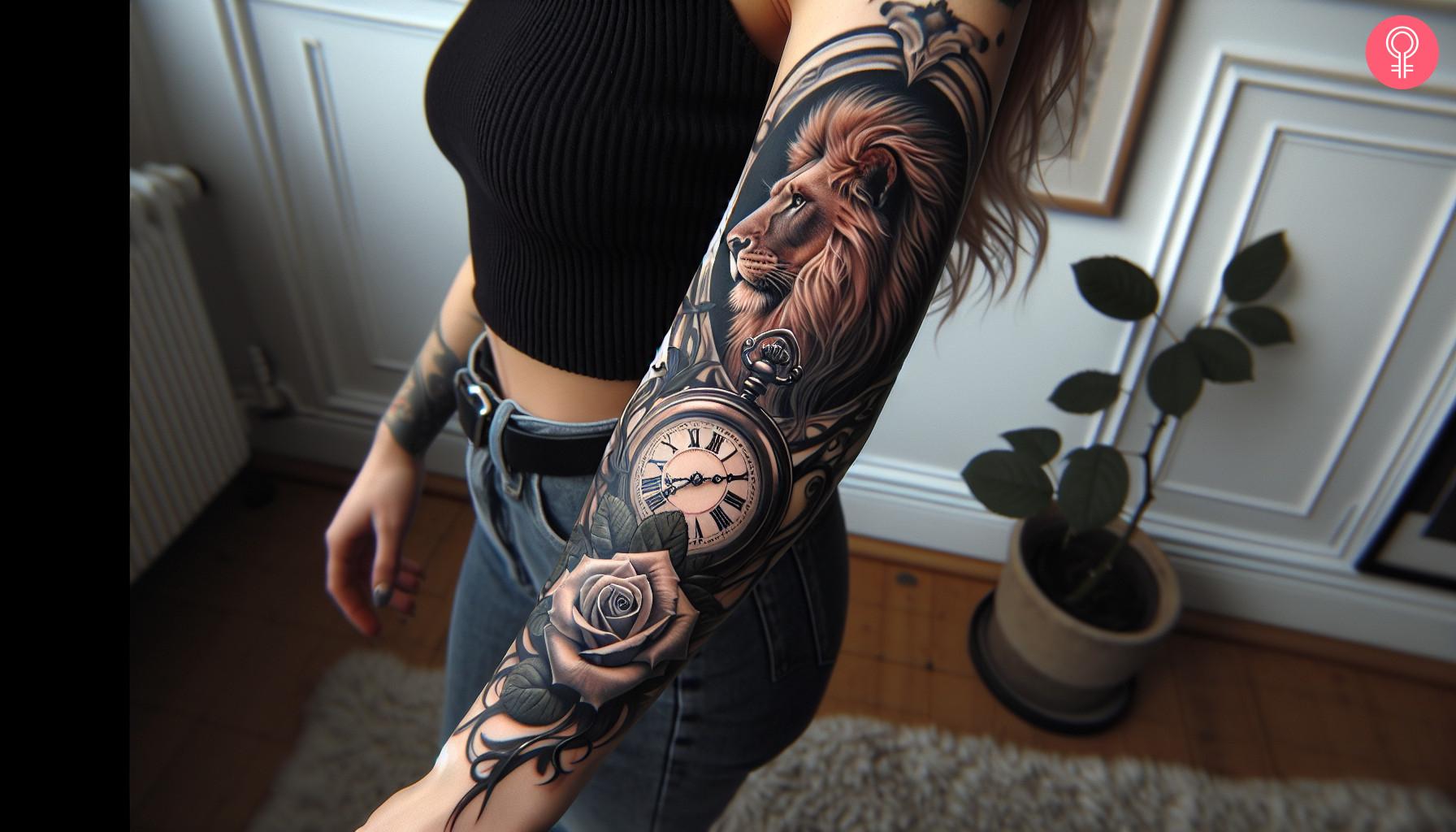 A woman with a sleeve tattoo of a lion, a rose and a clock