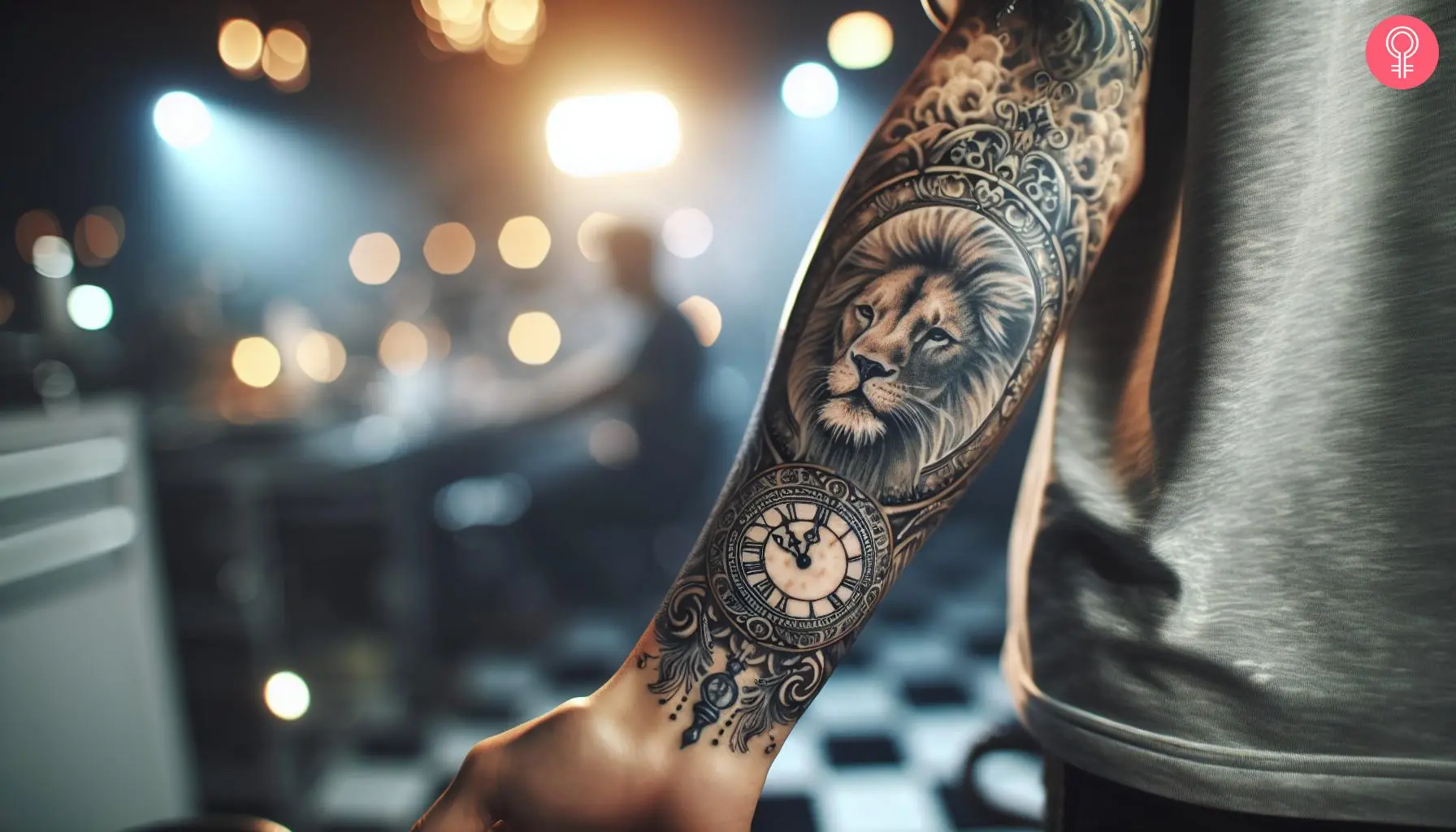 A woman with a detailed lion and clock tattoo on her forearm