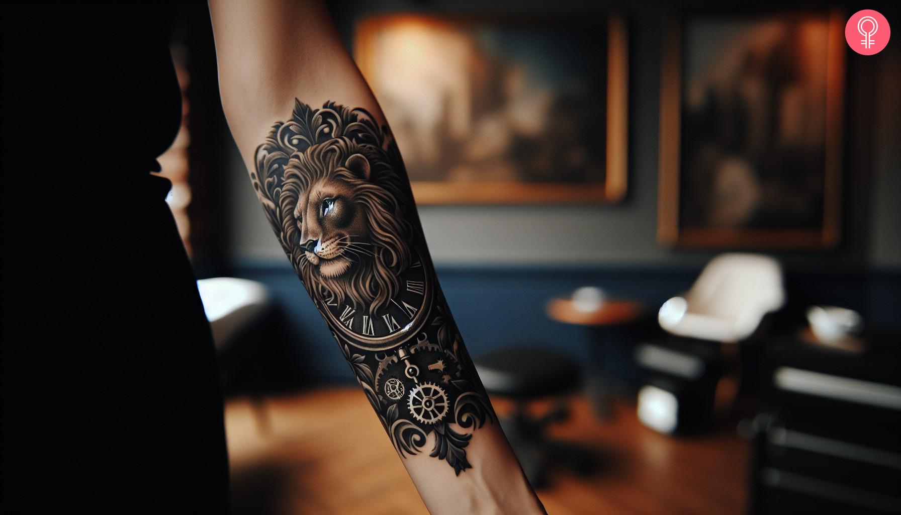 A woman with a detailed lion and clock tattoo on her forearm