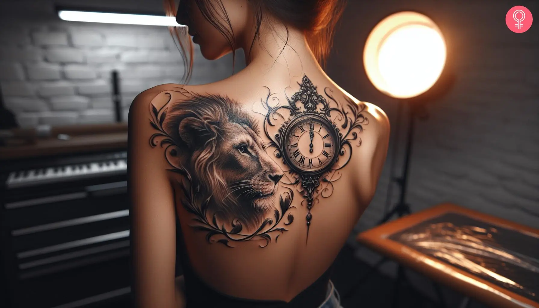 A woman with a lion and clock tattoo on the shoulder blade