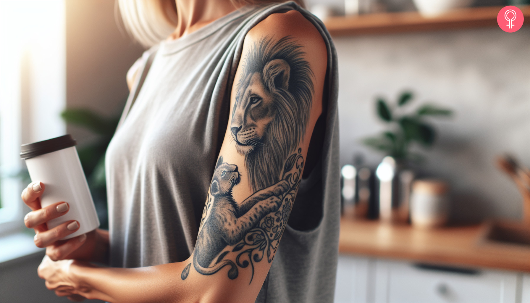 Ein Löwen- und Jungtier-Tattoo auf dem Arm einer Frau