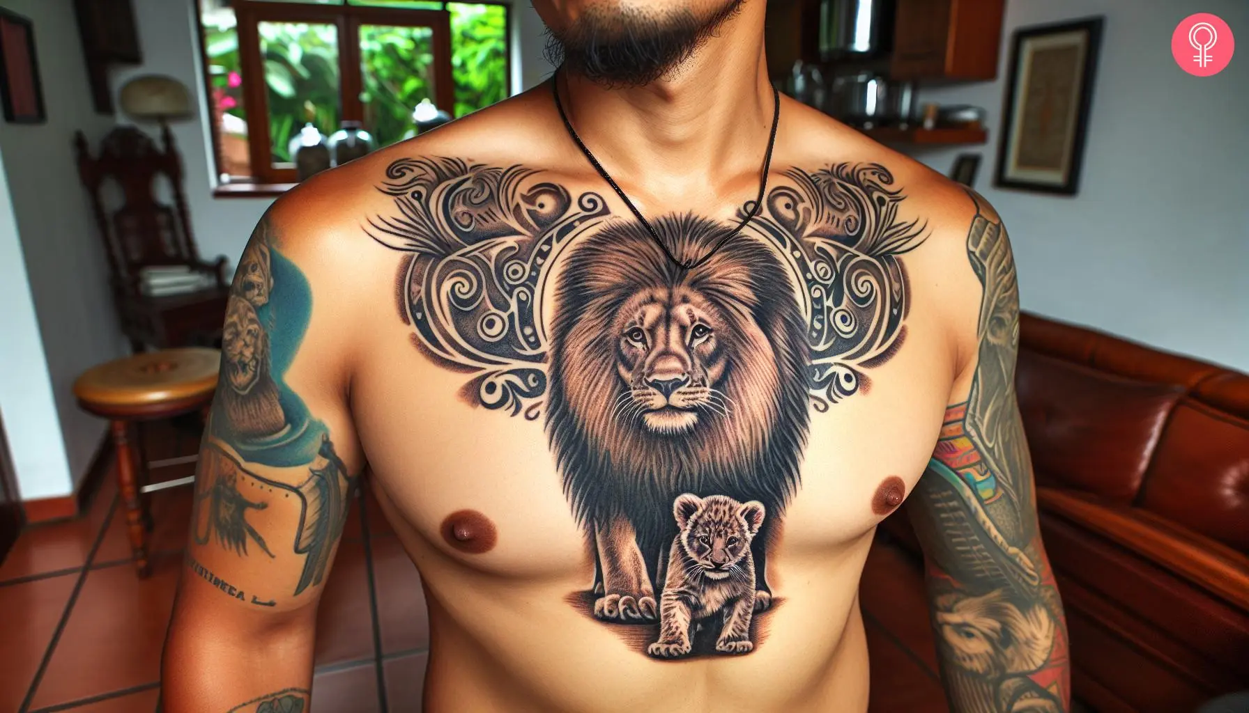 Lion and cub tattoo on a man’s chest