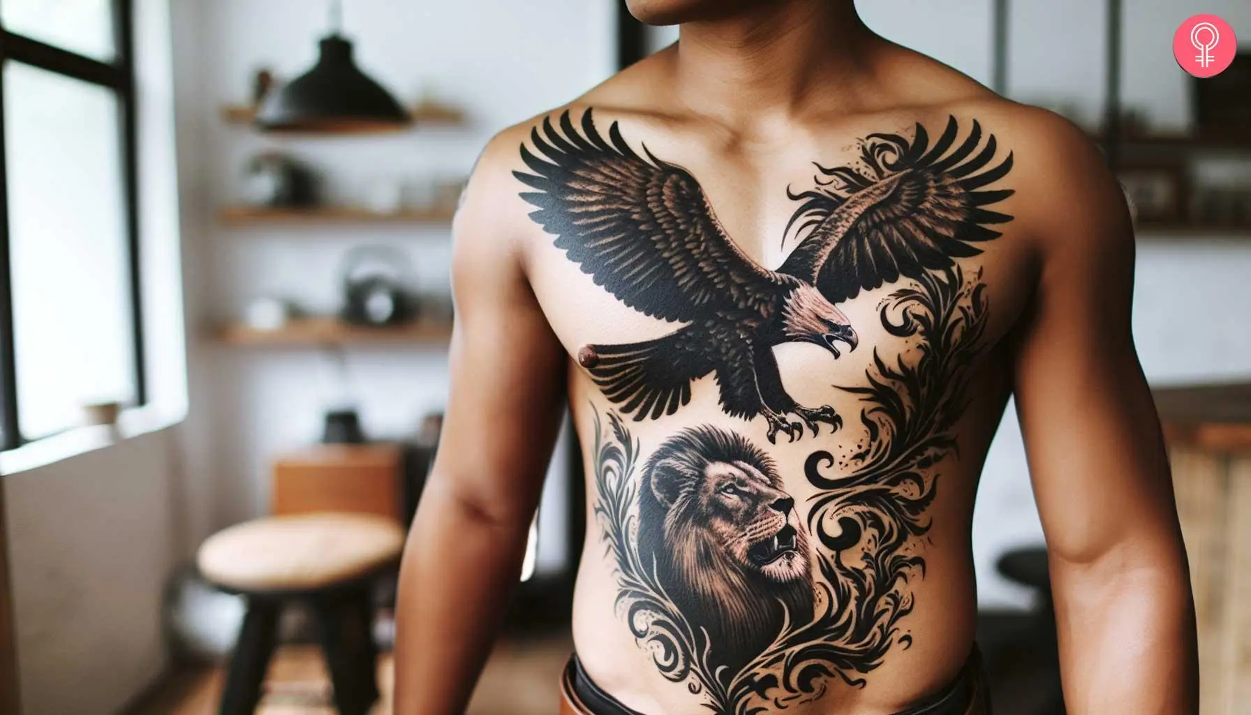 Lion and eagle tattoo on the chest of a man