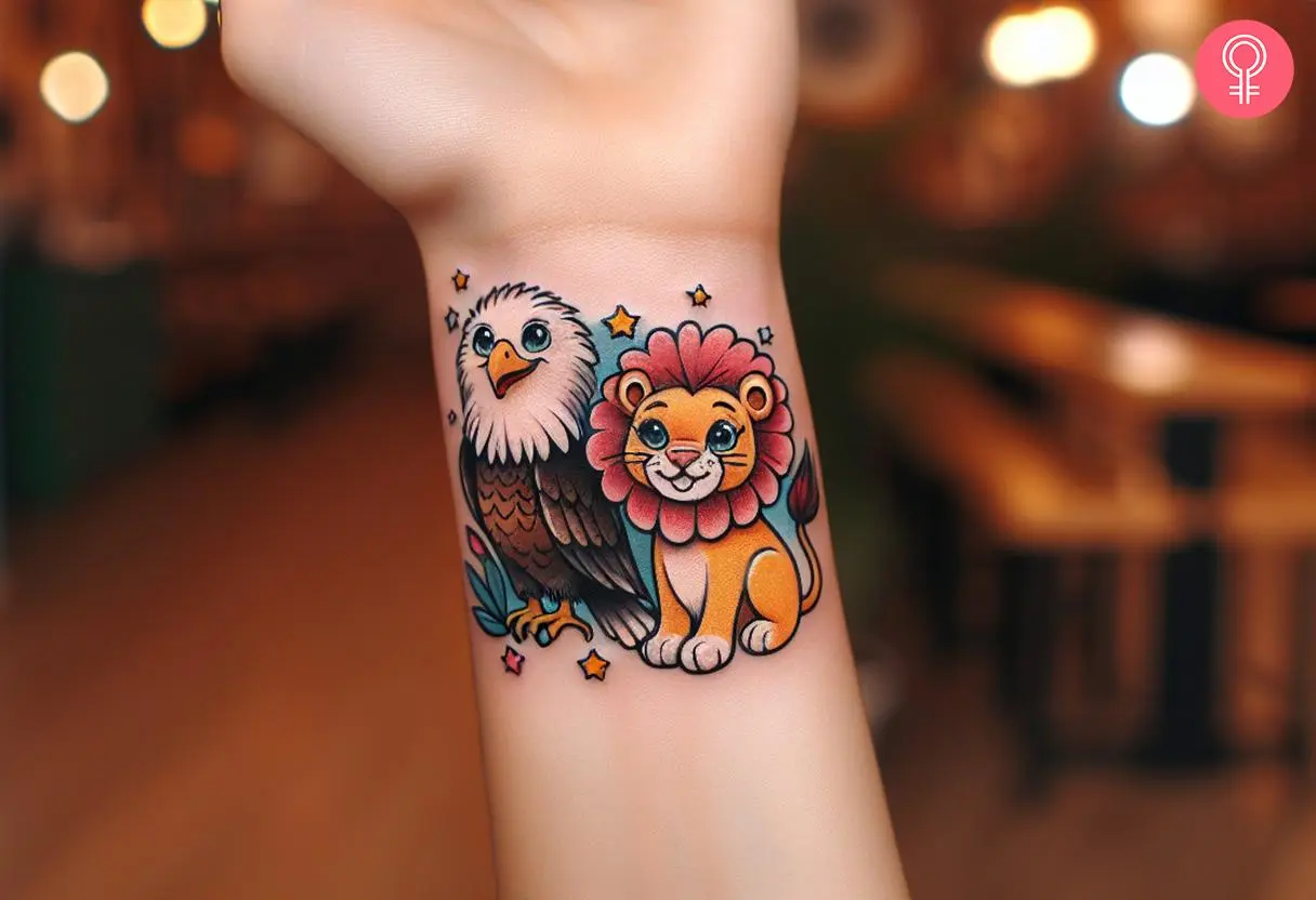 Lion and eagle tattoo on the wrist of a woman