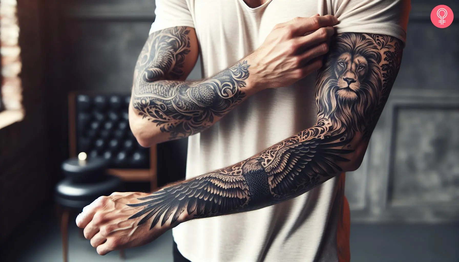 Lion and eagle tattoo on the arm sleeve of a man