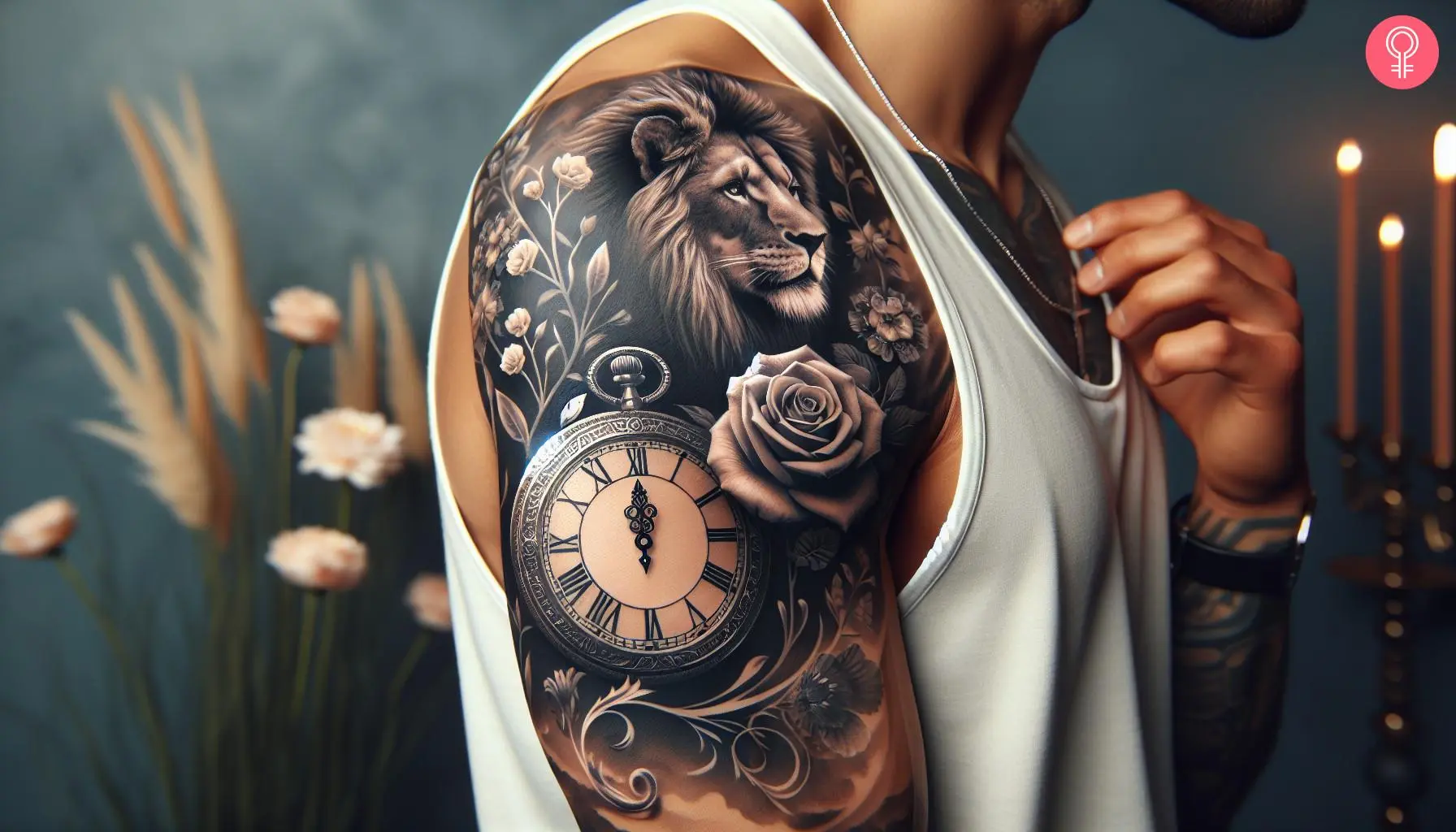 A man with a black and gray tattoo of a lion, rose, and clock on the upper arm