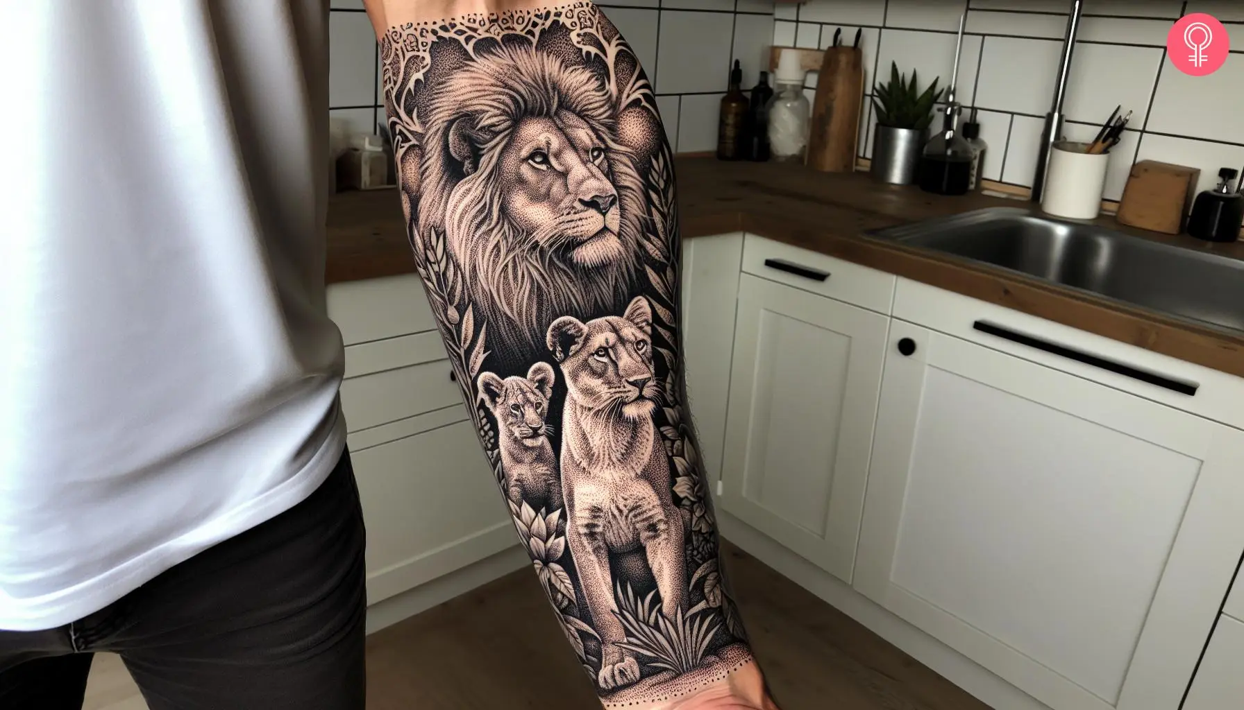 Lion, lioness, and cub tattoo on the forearm