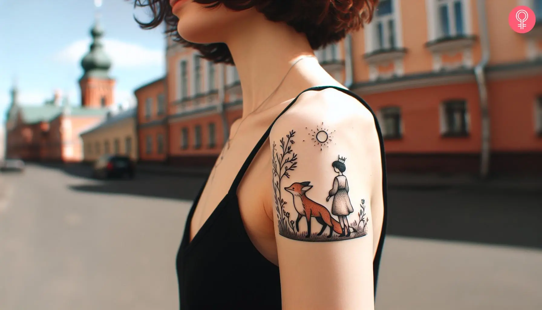 Little prince fox tattoo on the upper arm of a woman