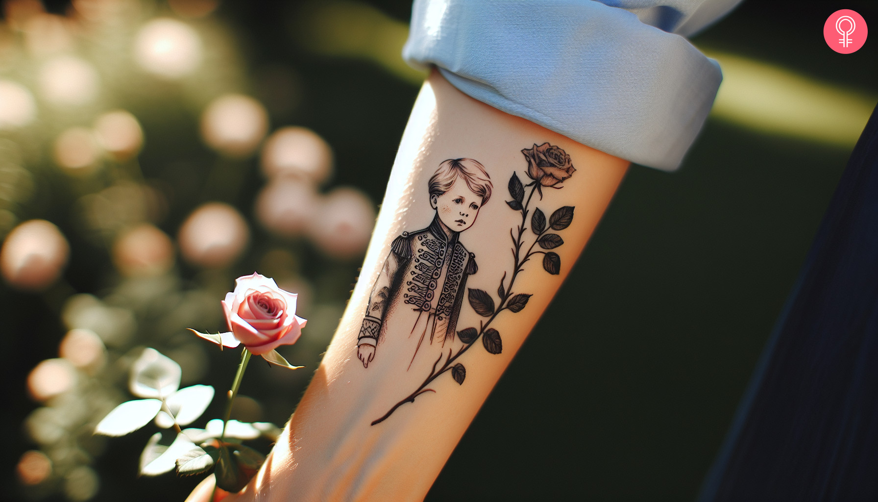 Little prince rose tattoo on the forearm of a woman