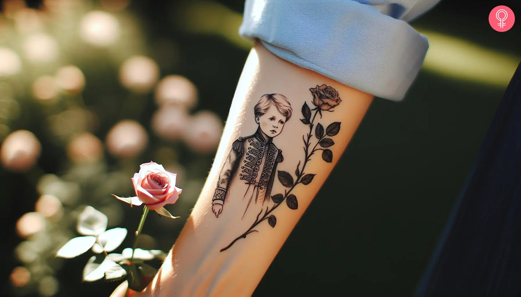 Little prince rose tattoo on the forearm of a woman