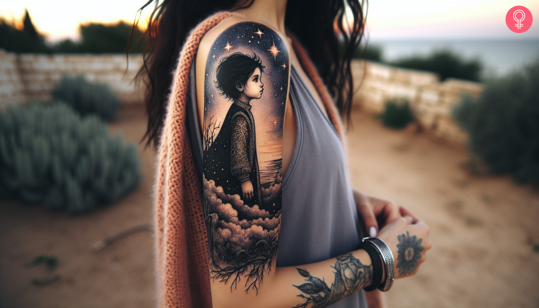 Little prince star tattoo on the upper arm of a woman