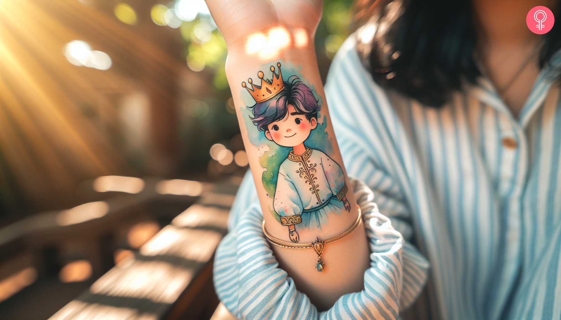 Little prince watercolor tattoo on the forearm of a woman