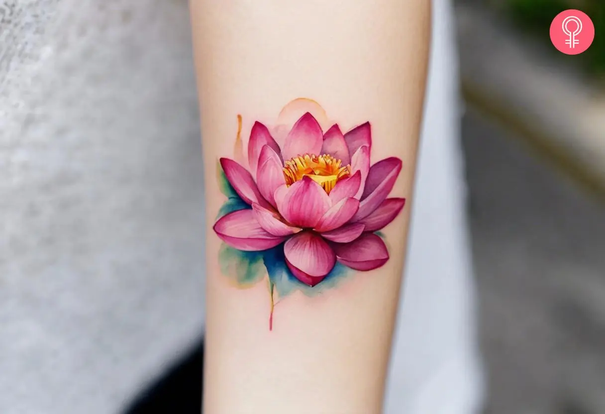 Lotus new beginning tattoo on the forearm of a woman