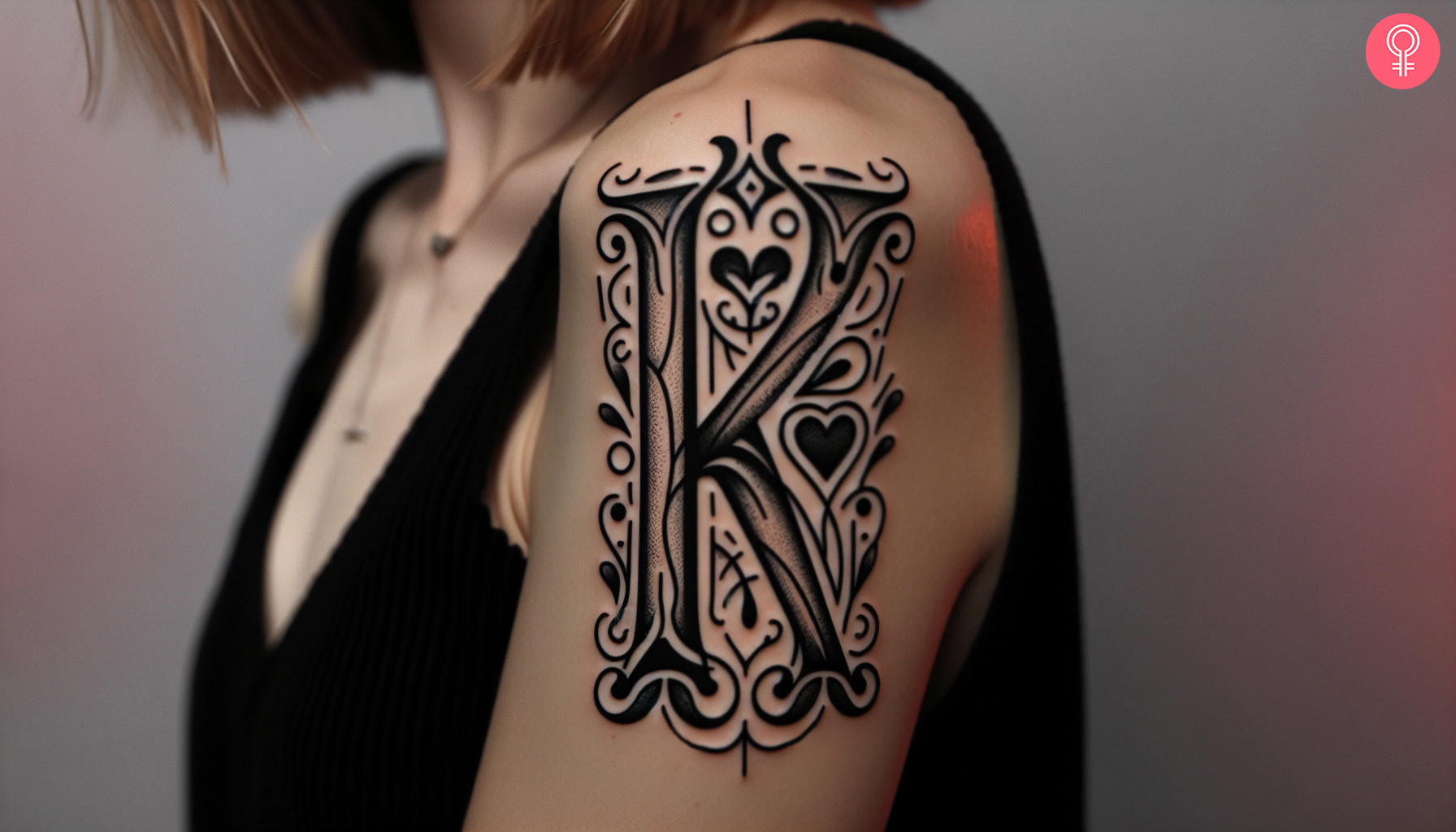 K-letter with heart symbols tattooed on the arm