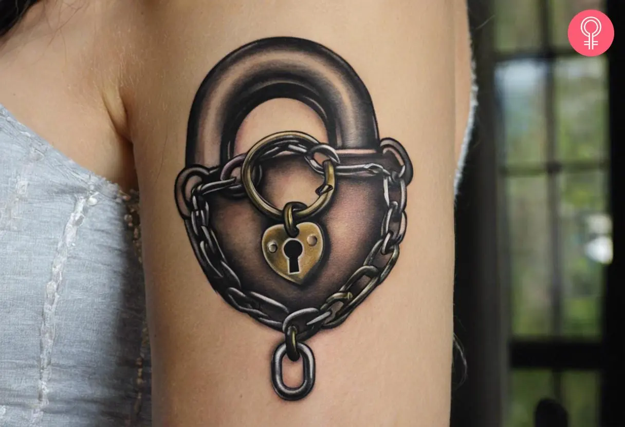 Woman with a love lock tattoo on her outer arm