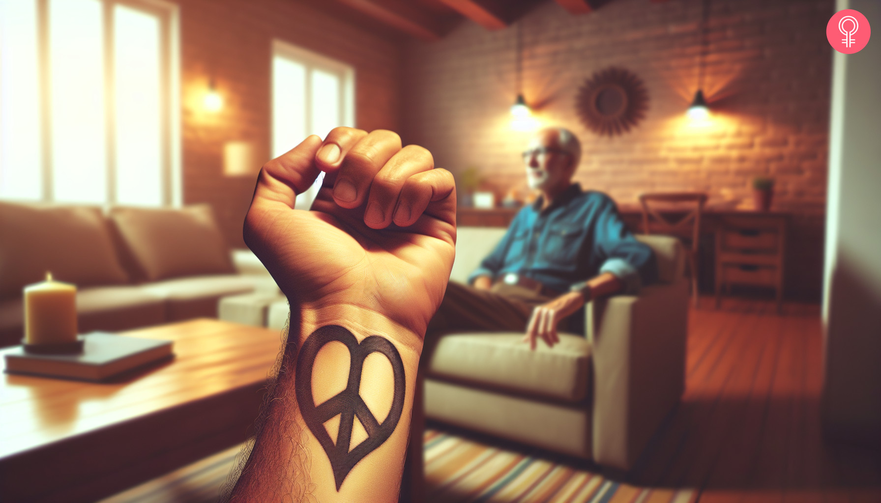 Love peace sign tattoo on the wrist of a man