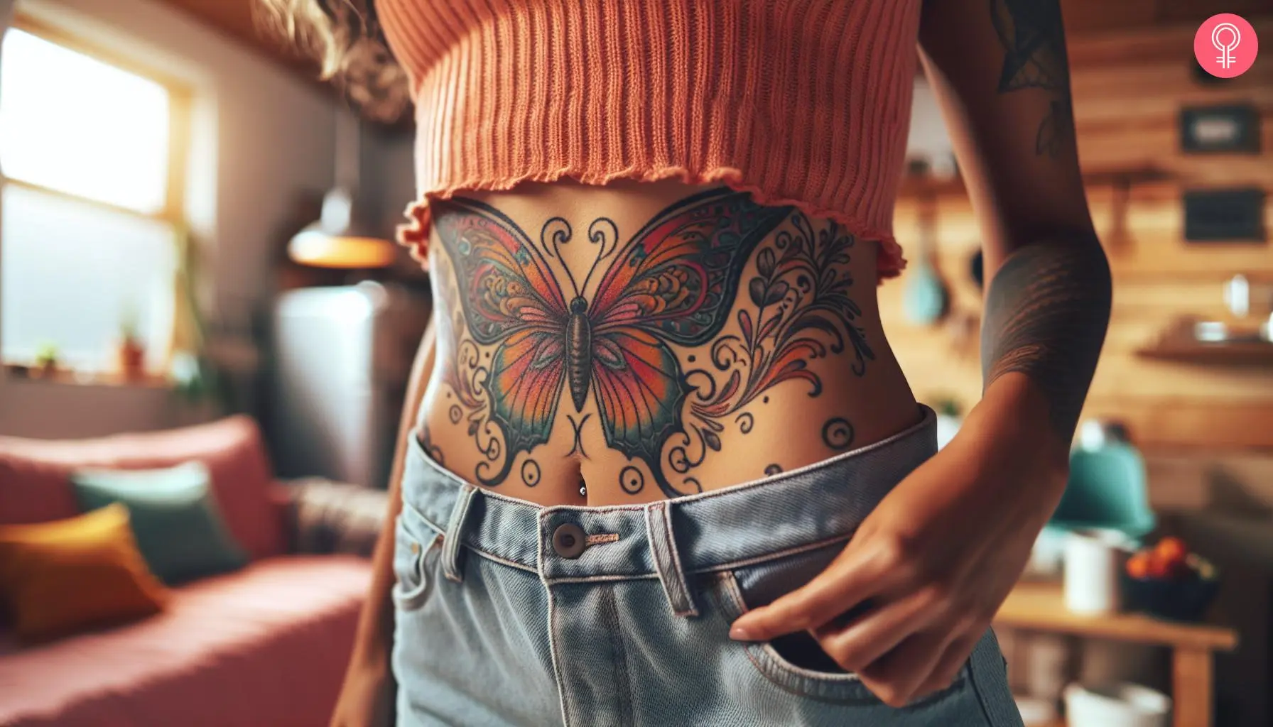 A woman with a lower torso tattoo of vibrant butterfly 