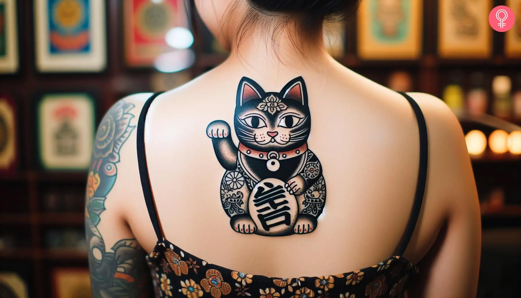 Lucky cat paw tattoo on her upper back