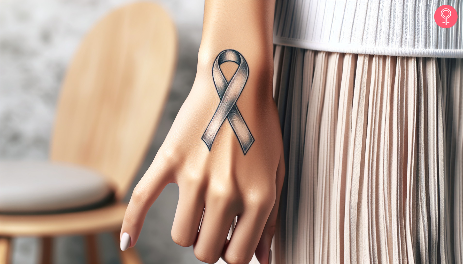 A lung cancer ribbon tattoo on the back of a woman’s hand