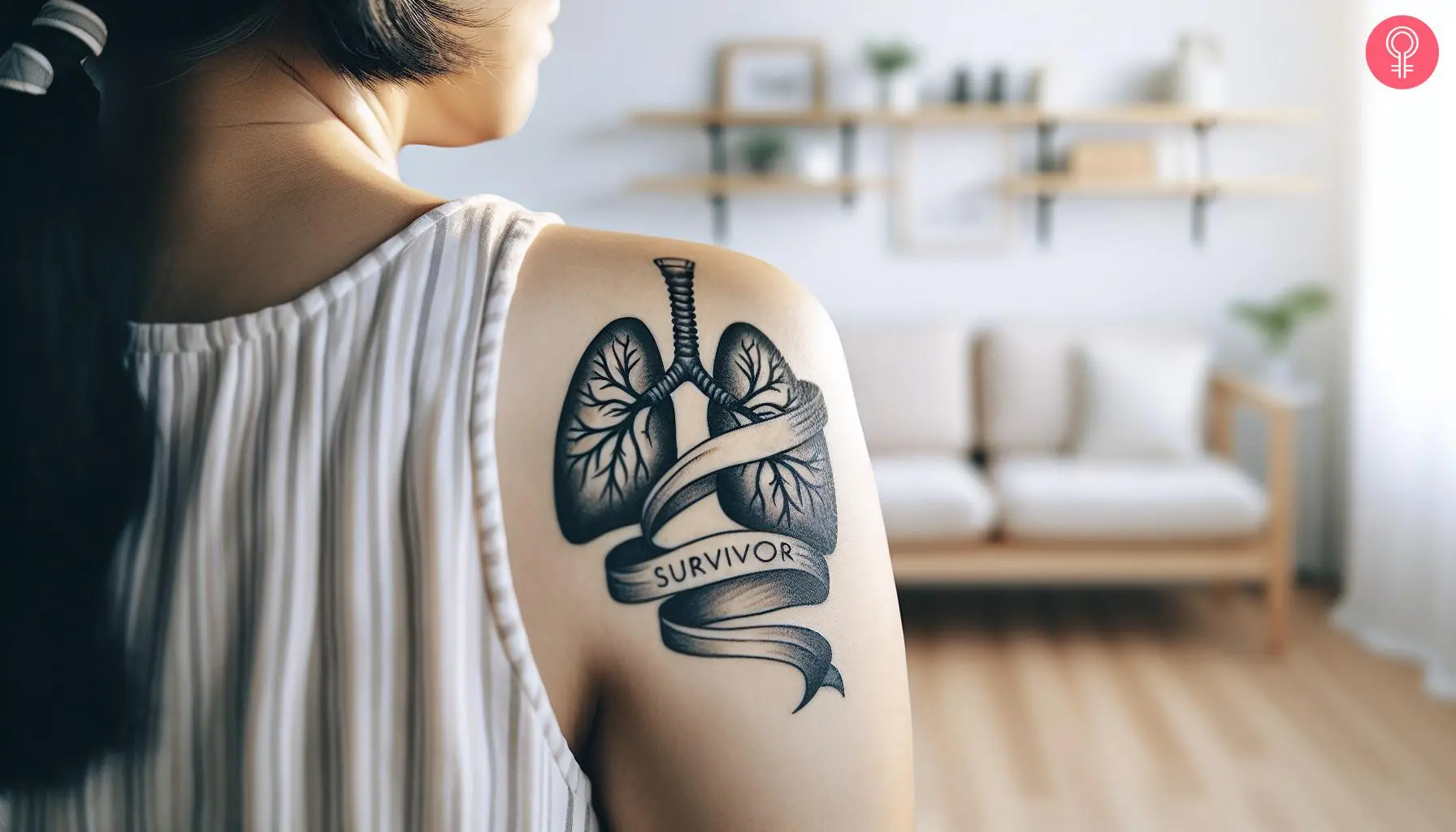 A lung cancer survivor tattoo on the back of the shoulder