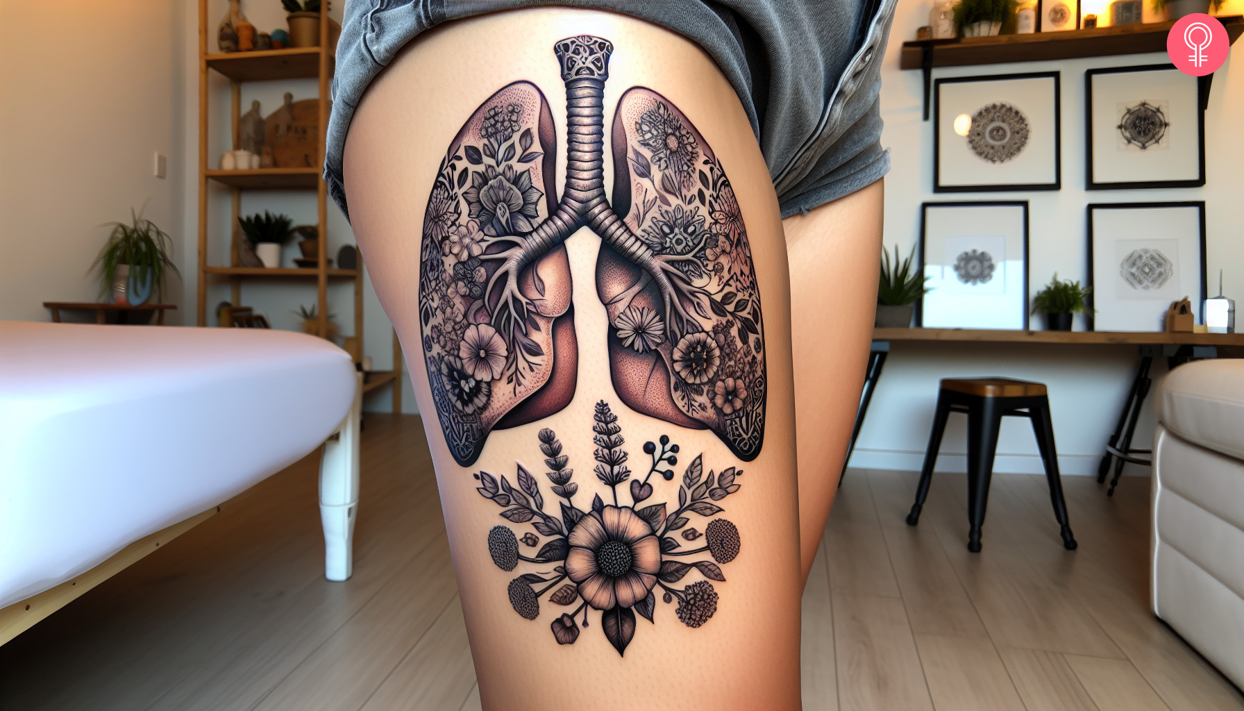 A lung tattoo with flowers on the thigh