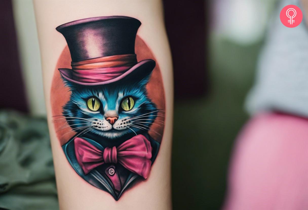 A Mad Hatter Cheshire Cat tattoo on a woman’s forearm