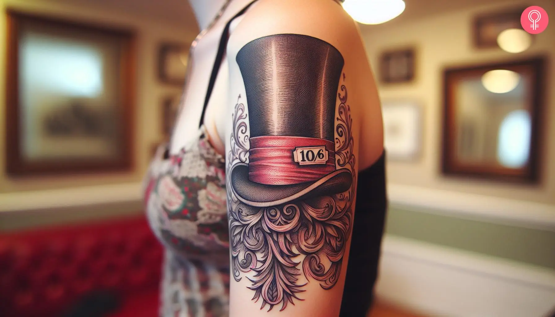 A Mad Hatter Hat tattoo on a woman’s upper arm