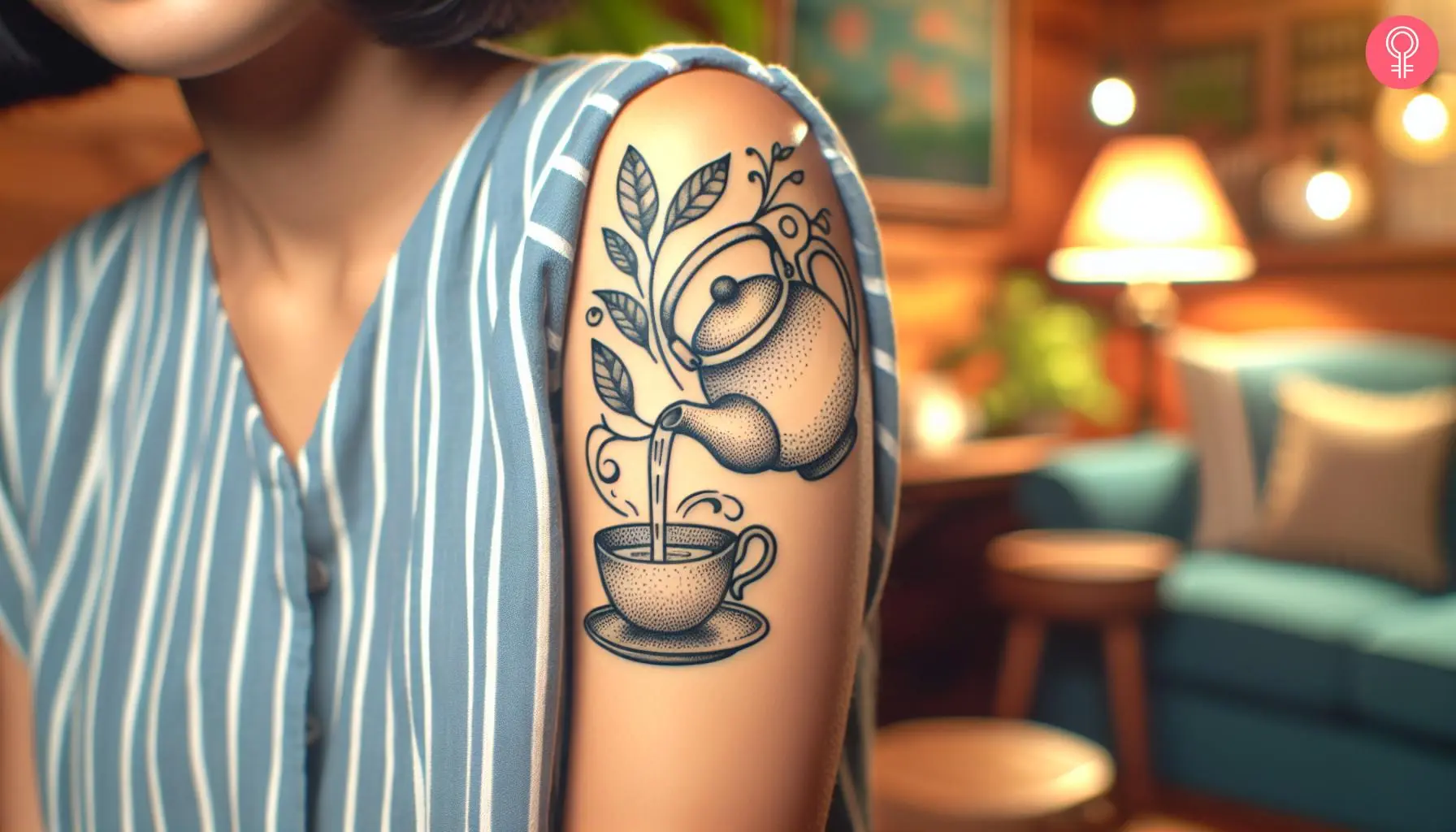 A Mad Hatter tea party tattoo on a woman’s upper arm