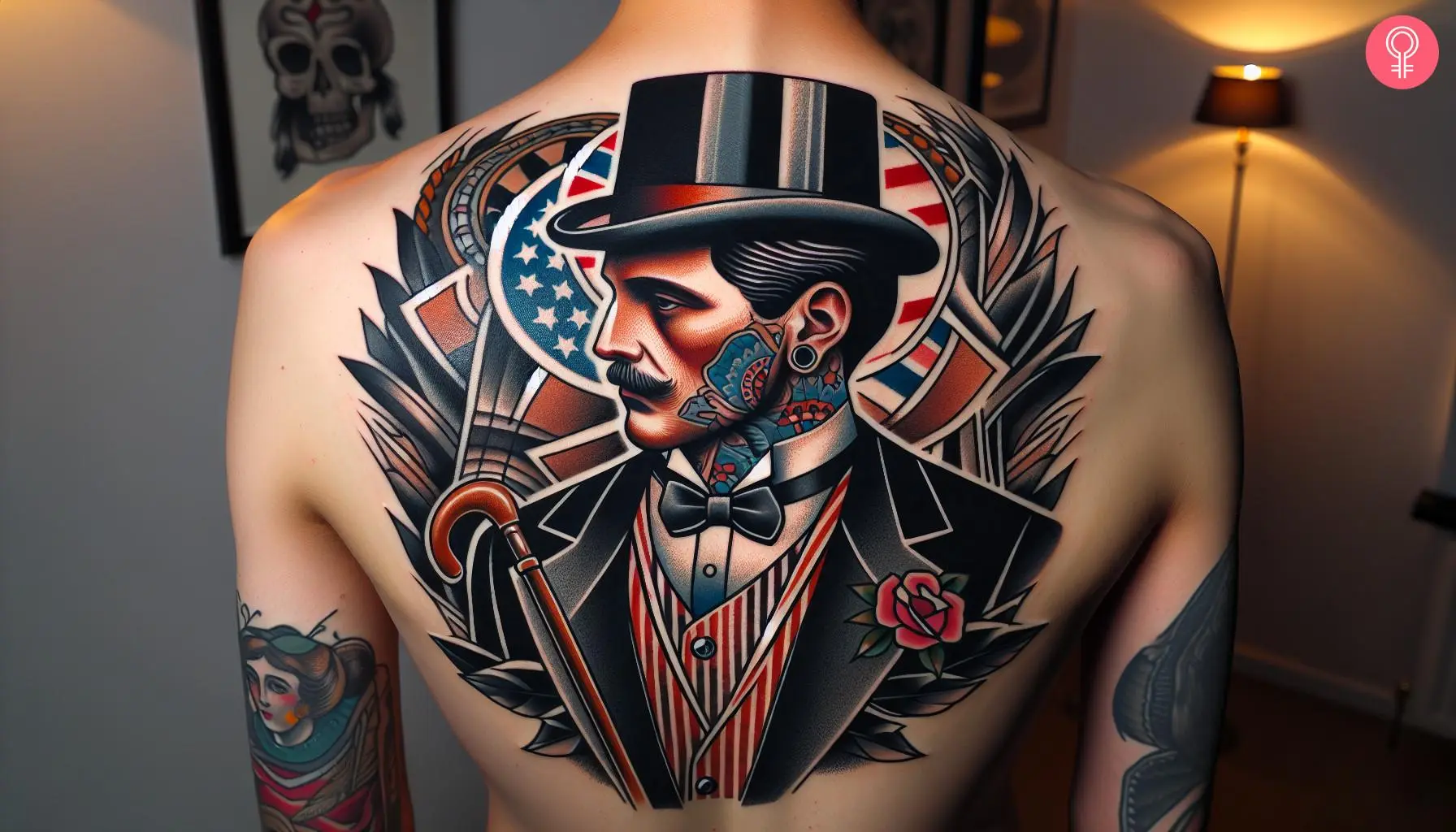 Man with American traditional gentleman tattoo on his back