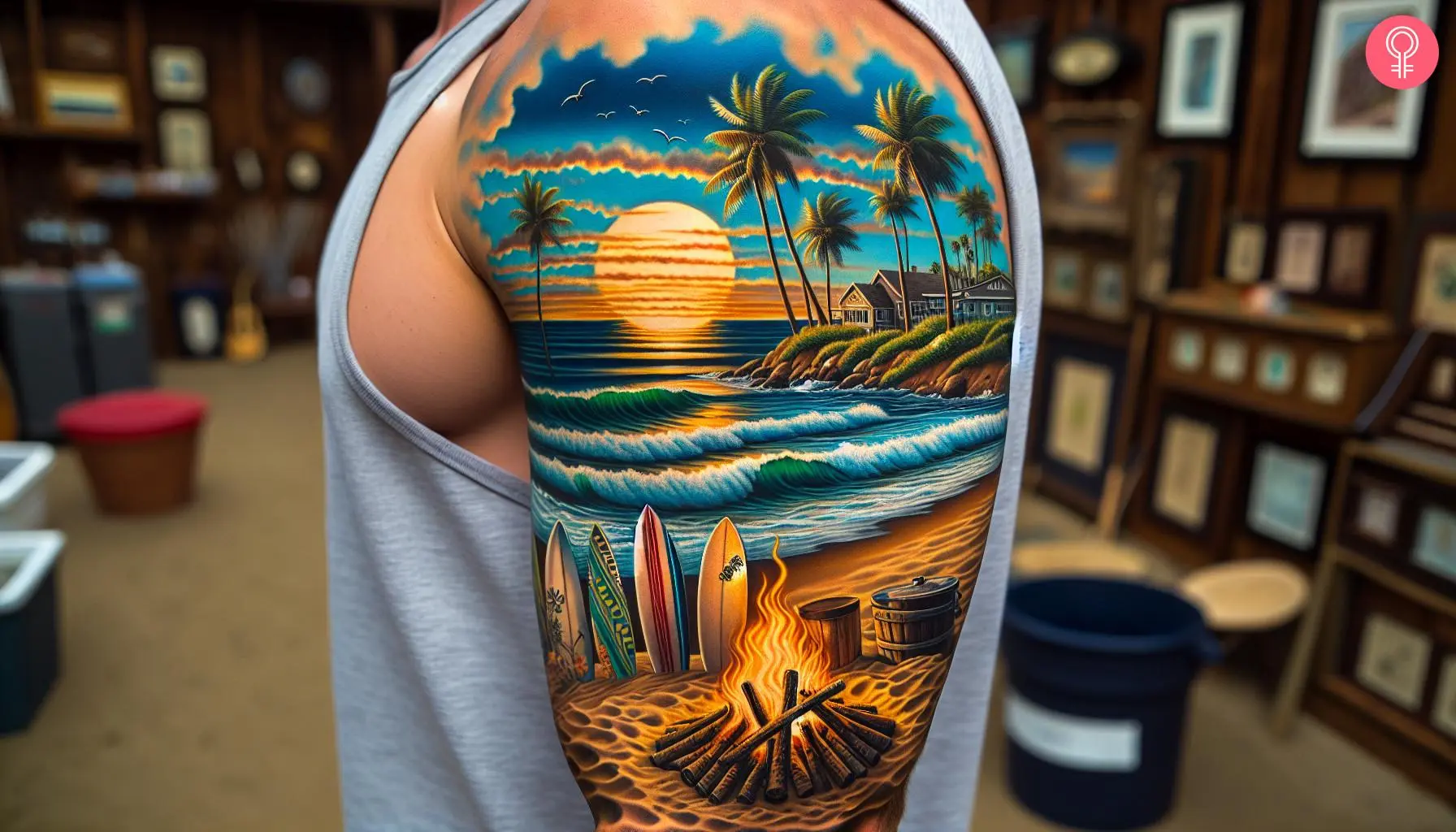 Man with California beach tattoo on his arm