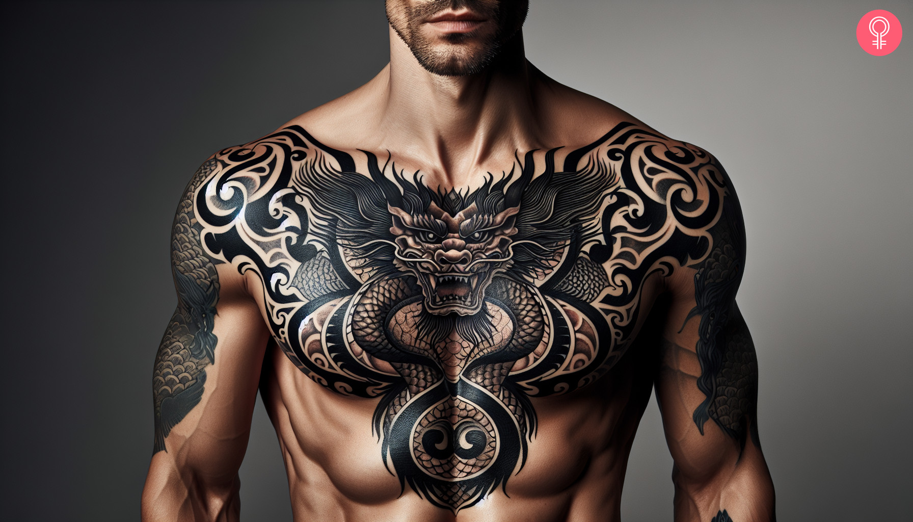 Man with Japanese tribal dragon chest tattoo