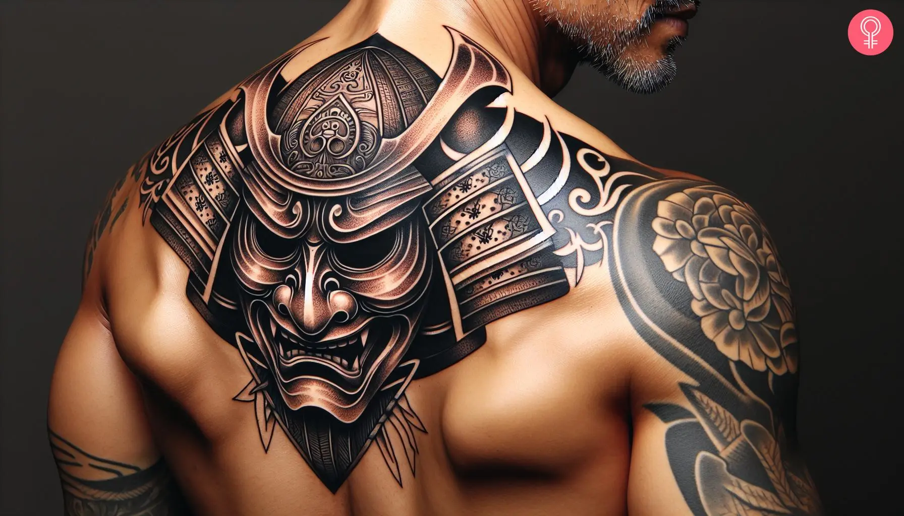 Man with Ronin mask tattoo on his upper back