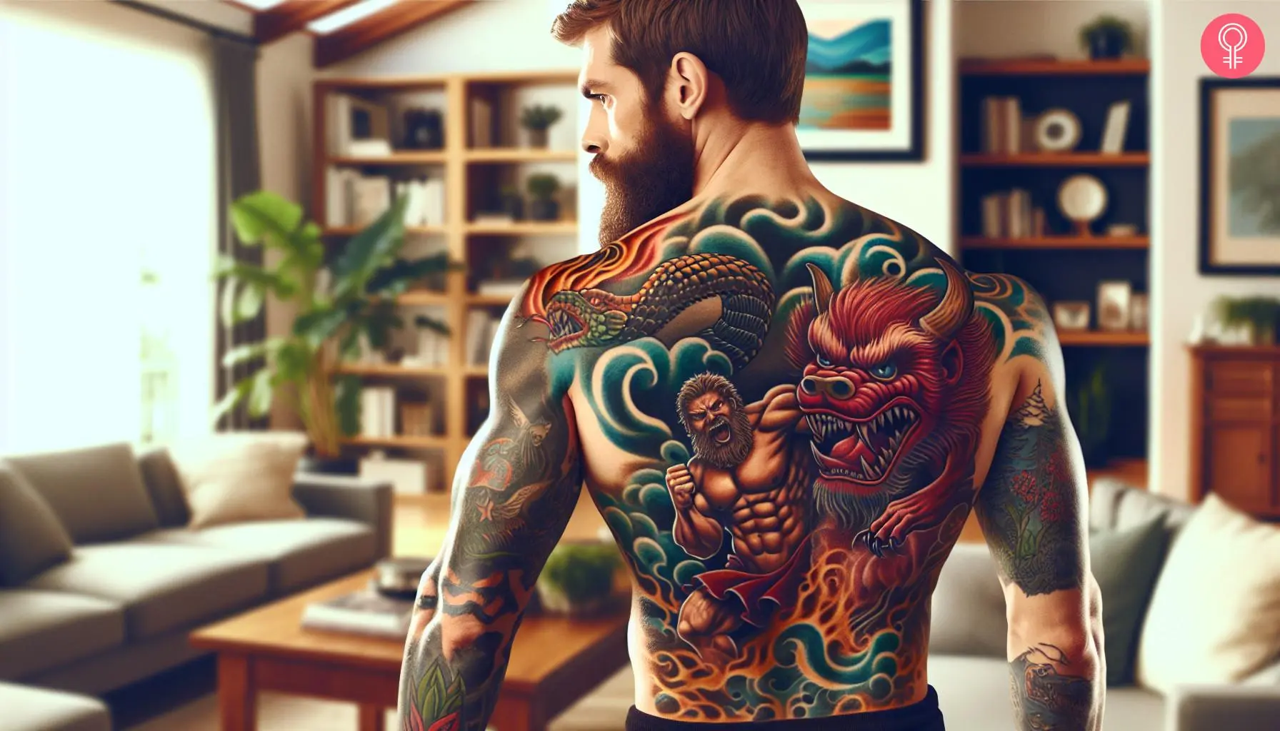 Man with a Cerberus and Hercules Tattoo on the back