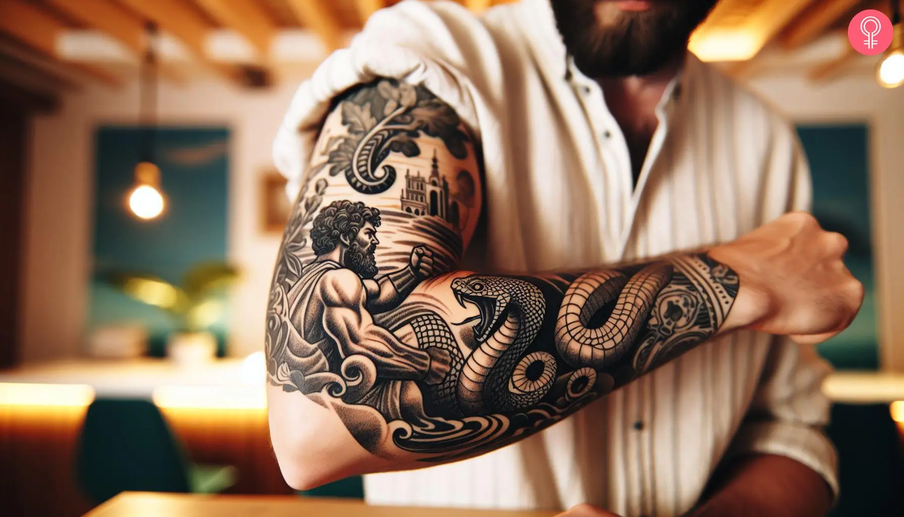 Man with a Hercules fighting a snake tattoo on the arm