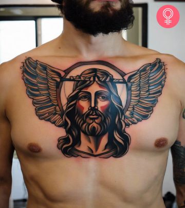 A traditional tattoo of a Jesus inked on the forearm