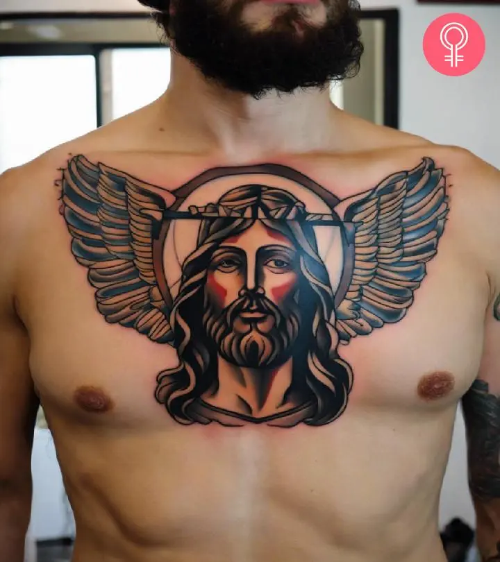 Man with a Jesus chest tattoo