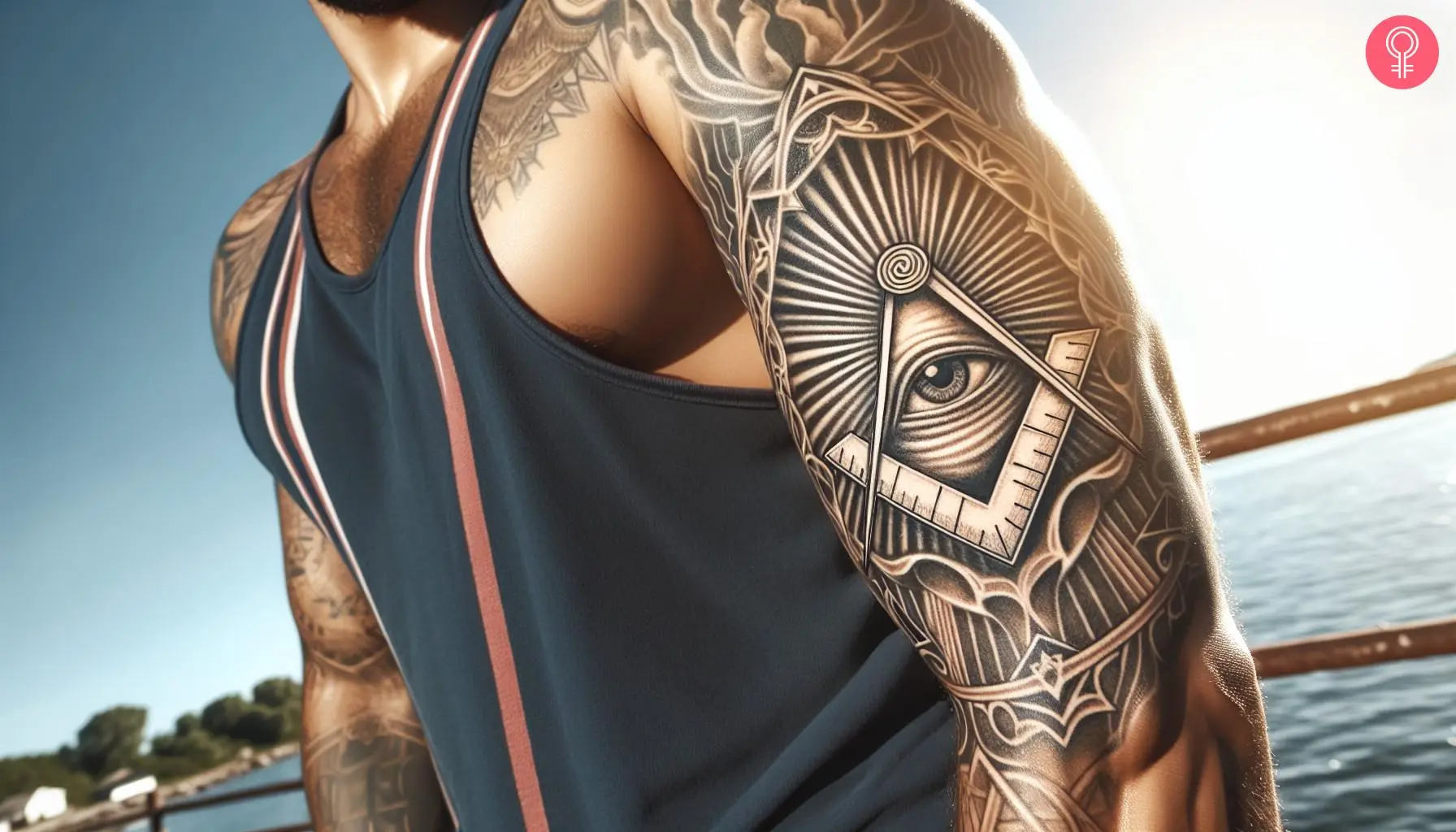 Man with a Masonic all seeing eye tattoo on the upper arm