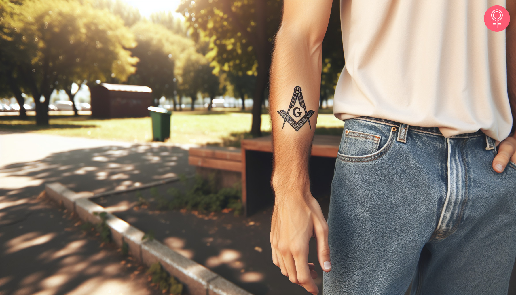 Man with a Masonic past master tattoo on the forearm