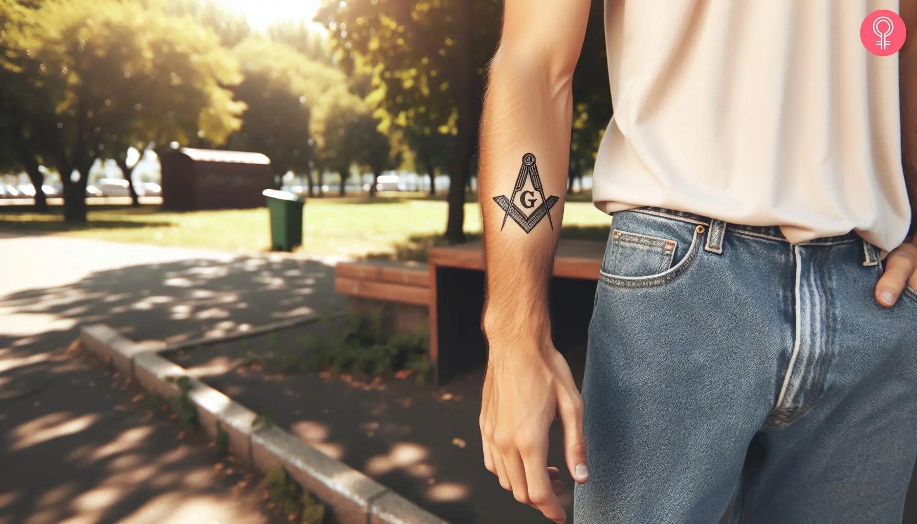 Man with a Masonic past master tattoo on the forearm