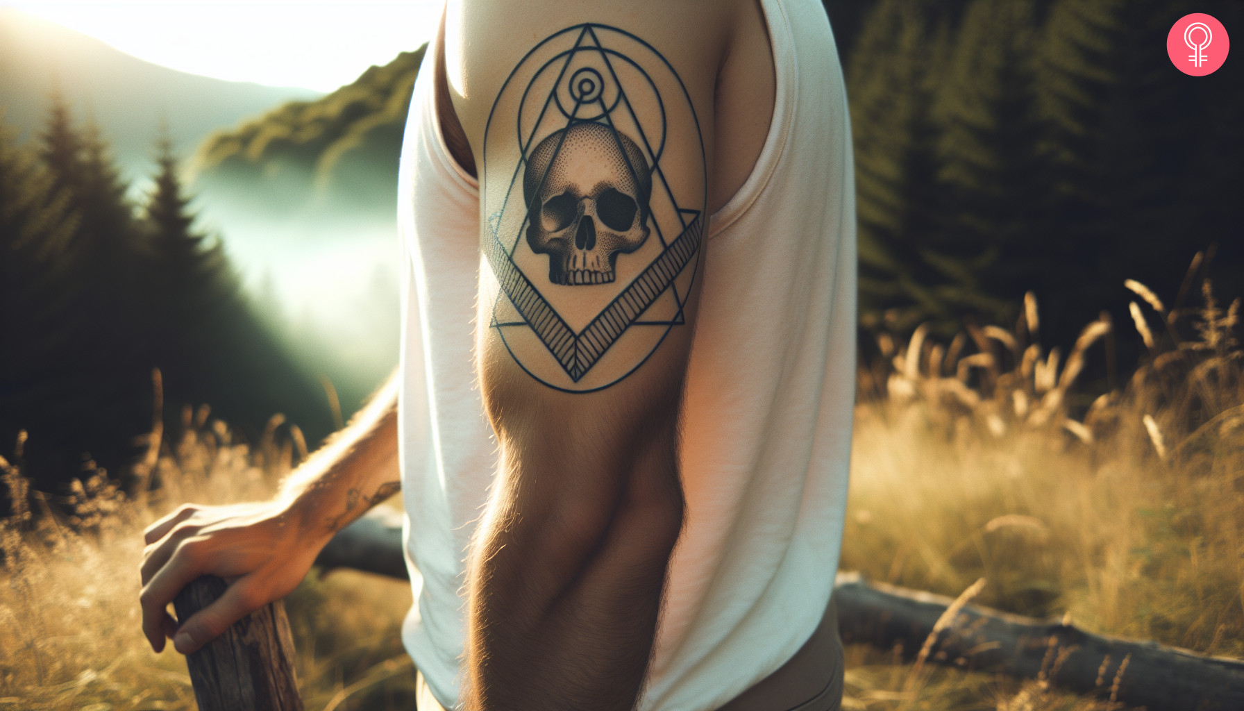 Man with a Masonic skull tattoo on the upper arm